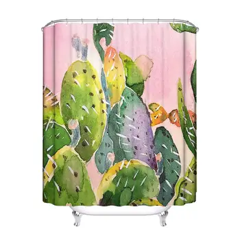 

Cactus Flower Shower Curtain Durable Mildewproof Succulent Plants Bath Curtain Waterproof Odorless Bathroom Curtain with 12pcs