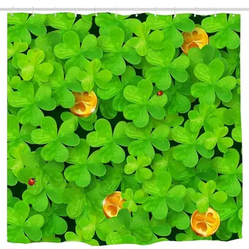 

Saint Patrick's Clovers Pattern with Golden Coins and Ladybugs Shower Curtain, Details Artistic Picture, Cloth Fabric Bathroom