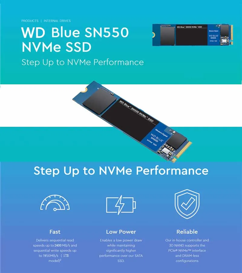 Western Digital 2TB 1TB 500GB 250GB WD Blue SN550 NVMe Internal SSD Gen3 x4 PCIe M.2 2280 3D NAND Solid State Drive For PC internal ssd for laptop