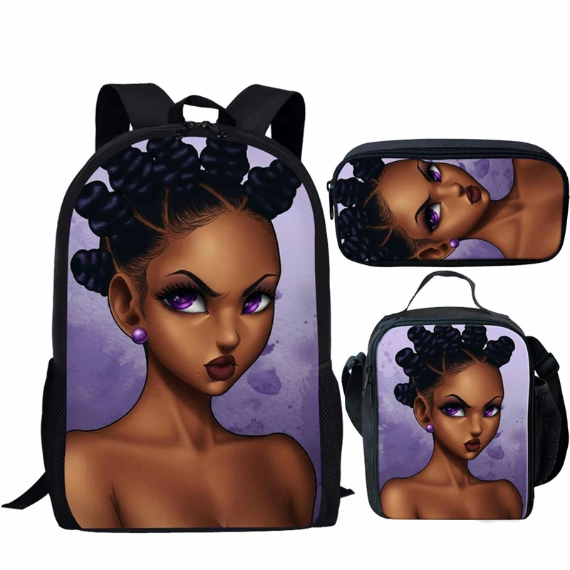 

WHEREISART Primary Student Book Bags with Black Girls African Afro Magic Lady Prints 3Pcs School Bags for Kids Girls Backpack