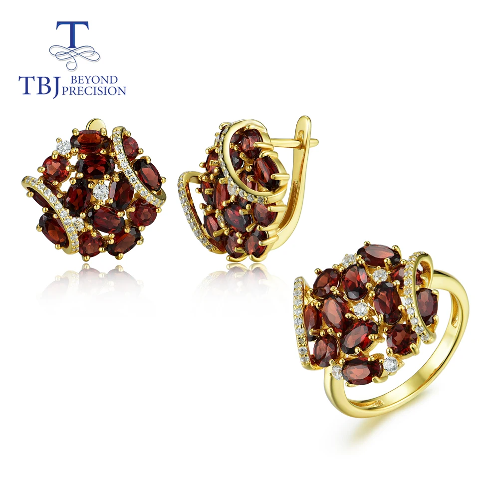 Tanie Fine jewelry naturalny granat biżuteria ustaw 925 sterling silver żółty kolor pierścień i kolczyki mały kwiat projekt tbj promocja