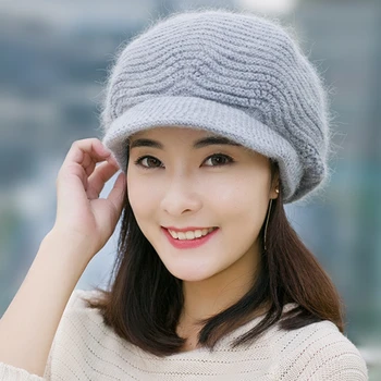 

Simple Women Rabbit Fur Knitted Berets Hats Casual Solid Color mom Autumn Winter Wool Hat Female Bonnet Caps Boina Feminino