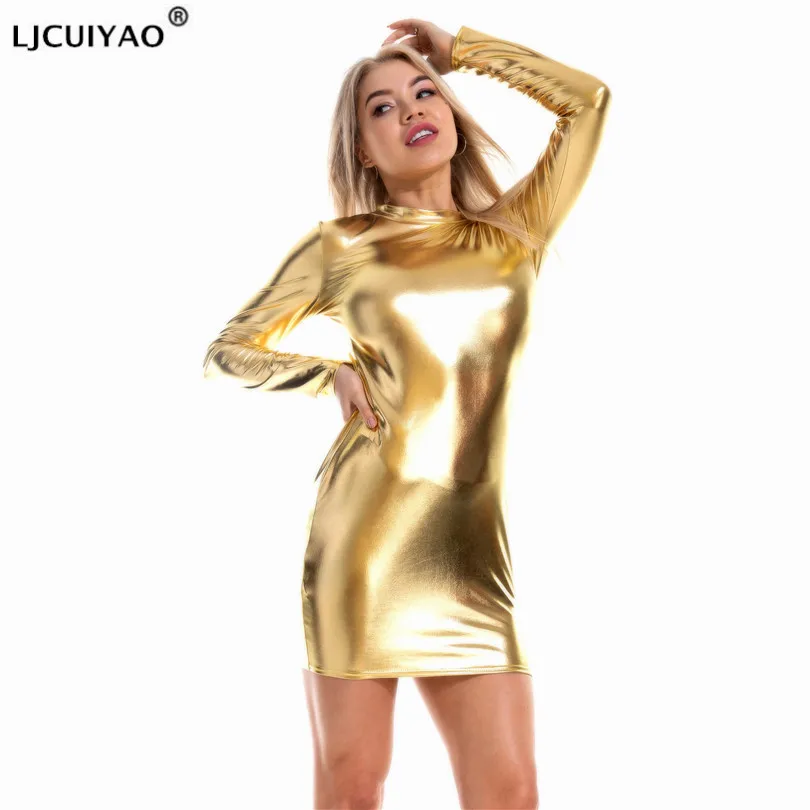 

LJCUIYAO Metallic Shiny Long Sleeve Bodycon Dress Women O Neck PU Faux Leather Dress Sexy Night Club Dresses Womans Clothing