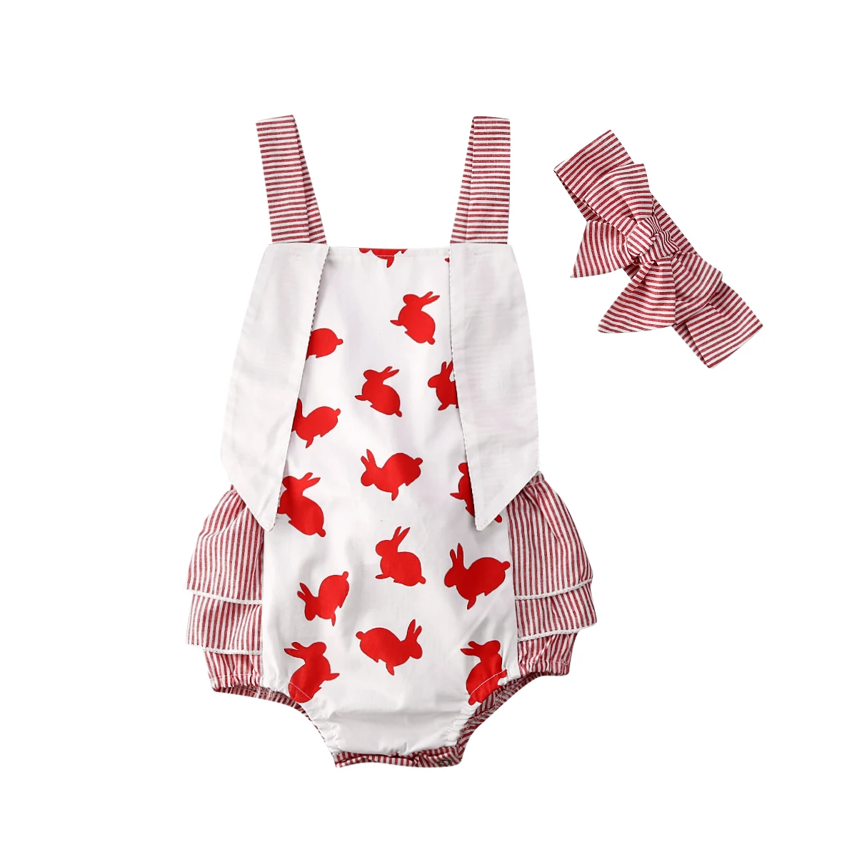 

0-24Months New born infant Baby Girls Clothes Bunny Stripe Bodysuits + Headband 2pcs Set Easter Outfit