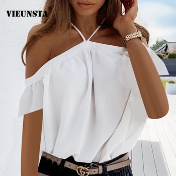 

Women 2020 Summer Off Shoulder Halter Blouse Shirts Sexy Backless Solid Color Tops Ladies Elegant Short Sleeve Shirt Blusas 3XL