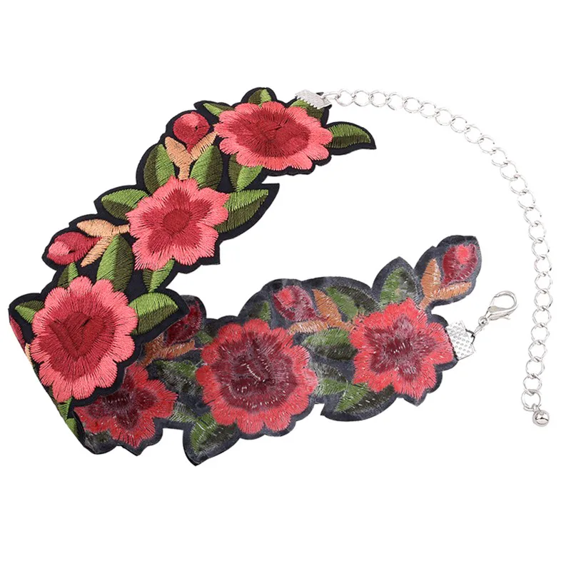 Red Flower Embroidery Choker Necklace Tattoo Jewelry Collar For Women Fashion Steampunk Necklaces