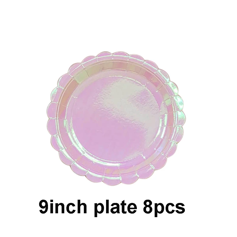 Rose Gold Disposable Tableware sets Paper Plates/cups/straws Iridescent Wedding Birthday Party Decor rainbow Dish Party Supplies - Цвет: 9inch plate 8pcs