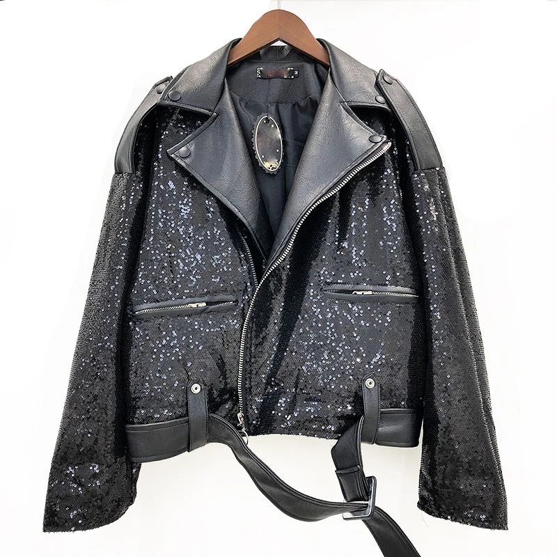 

Pu Leather Jacket Women Sequins Zipper Short Jacket Loose Motorcycle Clothing Female Fashion Faux Leather Jackets Casual Coat