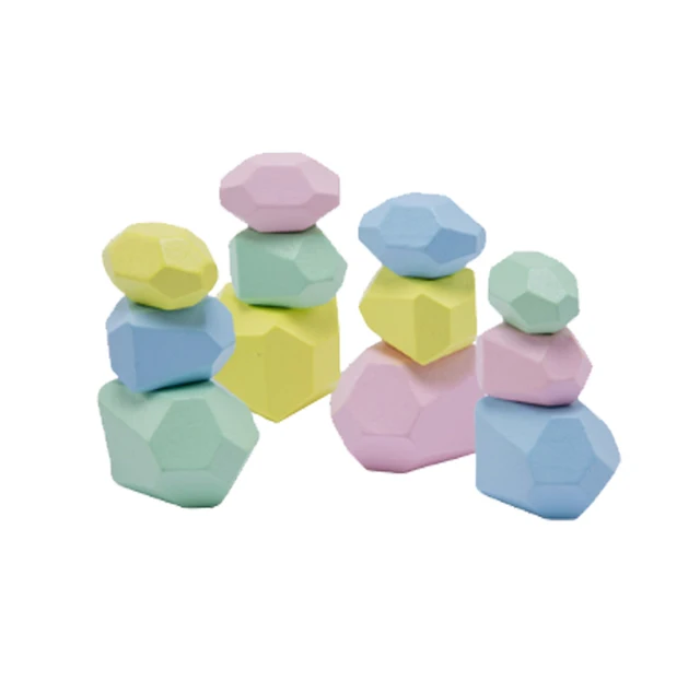 Wood Rainbow Stones Block Colorful Wooden Building Block Rainbow Stacker Balancing Stone Montessori Educational Toy Children 12 pcs pink