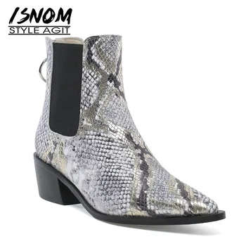 

ISNOM Snake Skin Leather Boots Women Cow Leather Chelsea Boot Pointed Toe Shoes Female Fashion Elastic Thick Heels Shoes Ladies