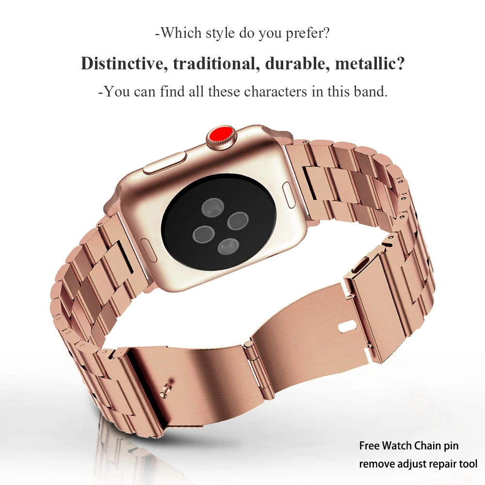 Ремешок из нержавеющей стали для Apple Watch 38 мм 42 мм 4 3 2 1 металлический ремешок для часов три звенья браслет для iWatch серии 4 5 40 мм 44 мм - Цвет ремешка: Pink gold