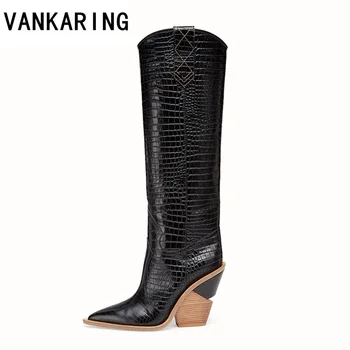 

VANKARING brand design thick high heel leather cowboy women dress shoes autumn winter boots pointed toe runways woman snow boots