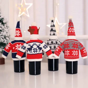 

New Year Christmas Red Wine Bottle Covers Knitted Red Wine Bottle Set Party Decoration Clothes With Hats Christmas Suplies New