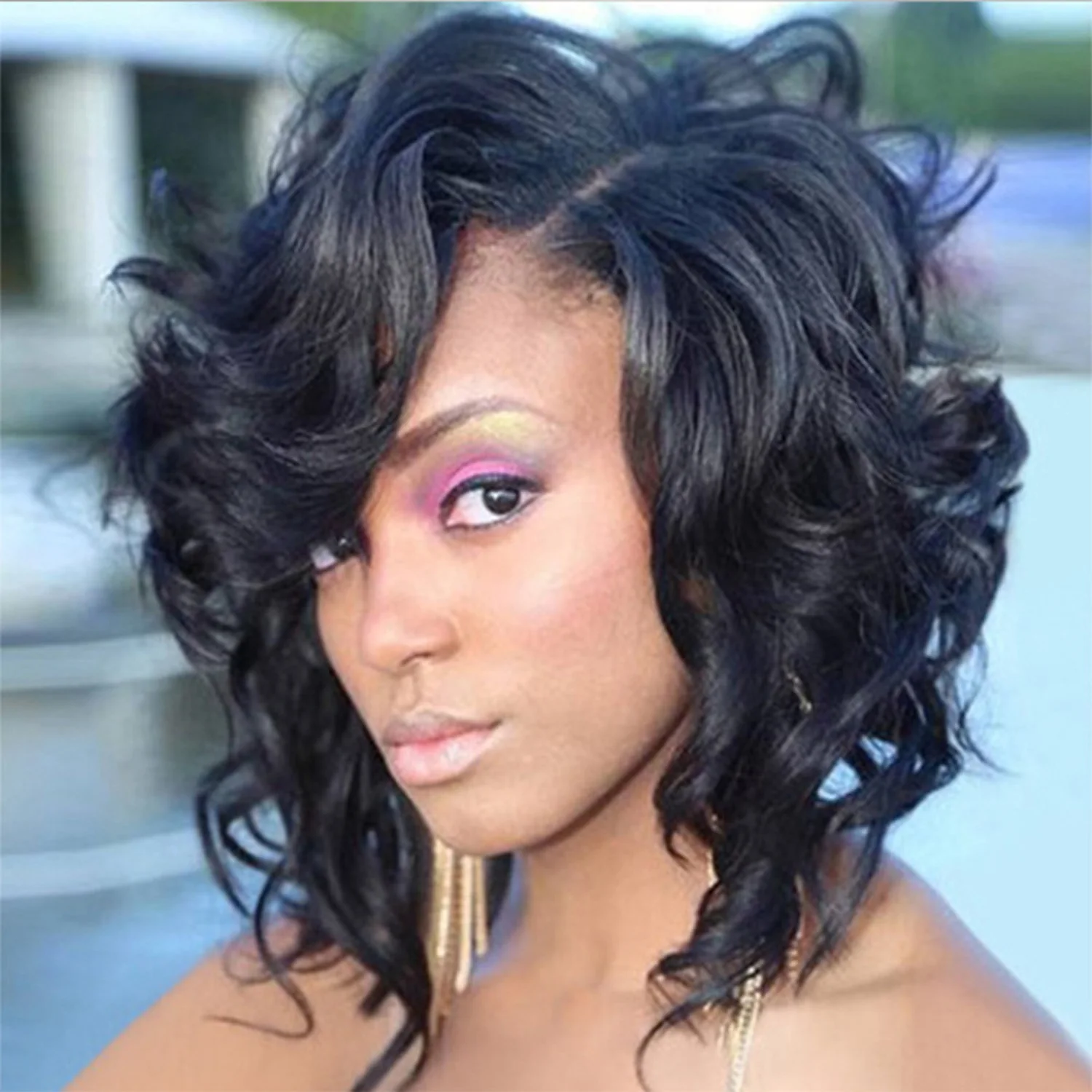 

Wigs for Black Women Synthetic African Small Rolls Short Curly Wigs With Bangs Black High Temperature Fiber Wig
