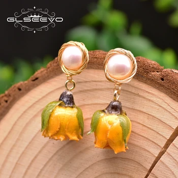 

GLSEEVO Designer Fresh Water Baroque Pearls Real Flower Yellow Earrings For Women Girls Party Cute Jewellery Plant Joya GE0930B