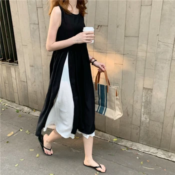 

2020 Niche Design Cotton Layer Contrast Summer Dress Women Sleeveless Long Dresses New Top Kroean Trend Fashion Comfort Clothing