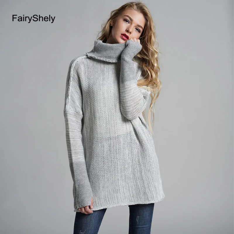 Зимний черный вязаный свитер с высоким воротом женский плюс размер серые свободные кашемировые пуловеры, свитеры топы с длинными рукавами для женщин - Цвет: Серый