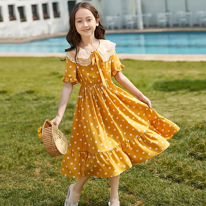 

Teens Girls Summer Beach Dress for Kids Girls Bow Polka Dot Dress Ruffles Pleated Long Dress for Children Girls Clothes Vestidos