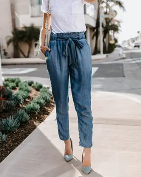 

Summer Thin Pants Denim High Waist Jeans Casual Loose Trouser Ankle-length Harem Pants Woman