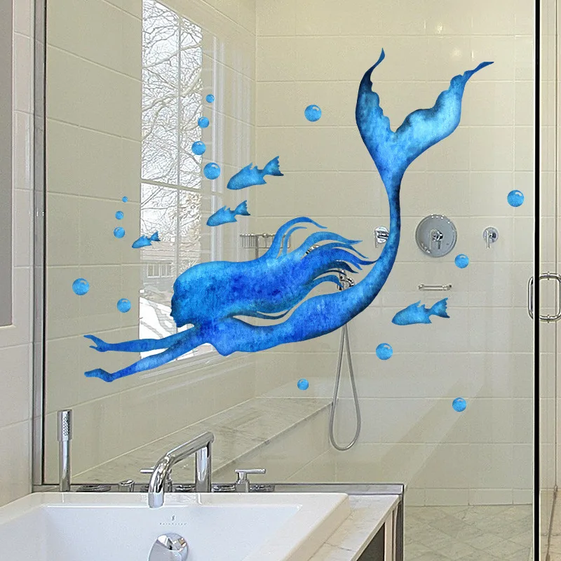 Blue Swimming Mermaid Wall Stickers Bathroom Glass Bedroom Glass Window Home Decoration Self-adhesive Sticker Beautify Wallpaper