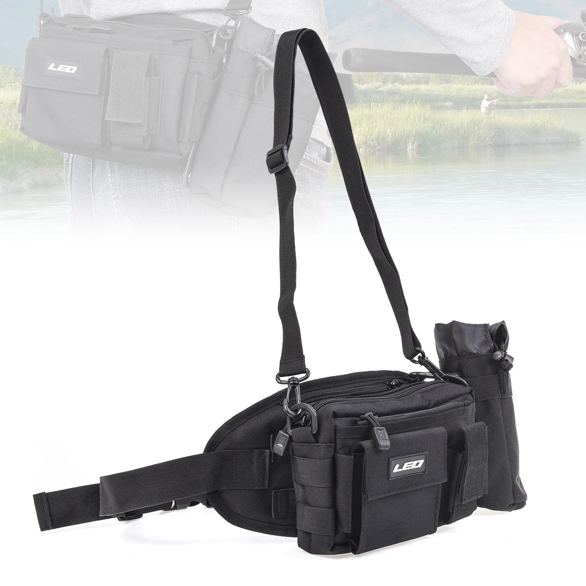 

Black Oxford Cloth Multifunctional Fishing Tackle Bag Sports Shoulder Bag Crossbody Bags Waterproof Waist Bag