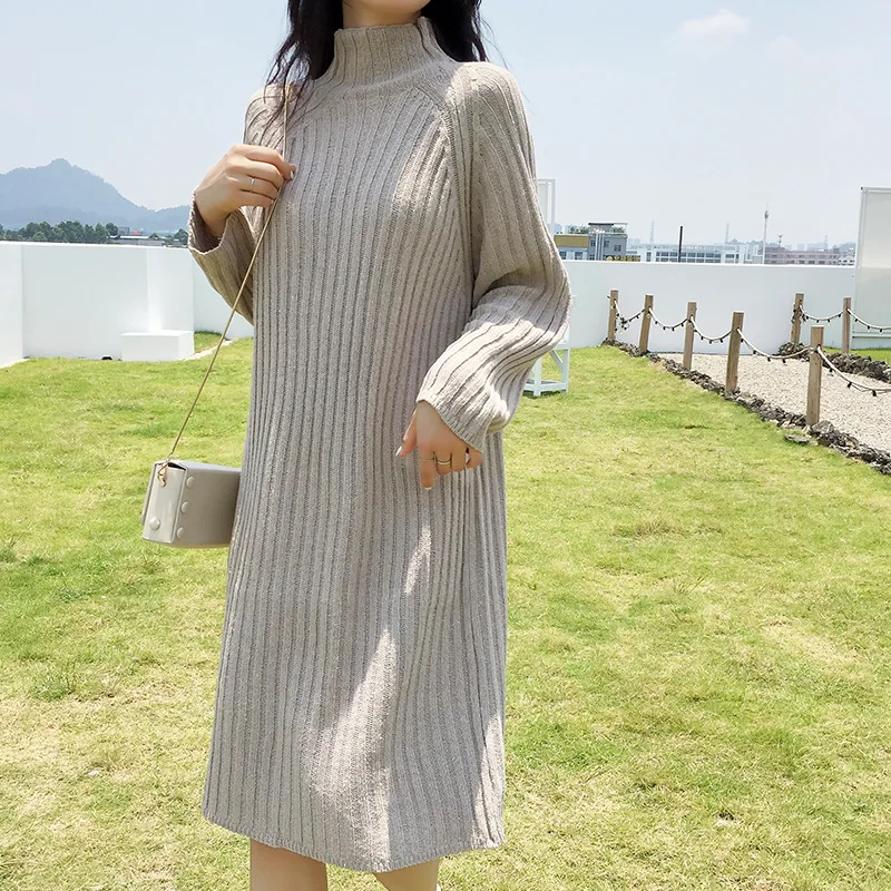 

INS Super Fire Autumn Half-Turtle-Neck Vertical Stripe Loose-Fit Korean-style Base Dress Mid-length Sweater