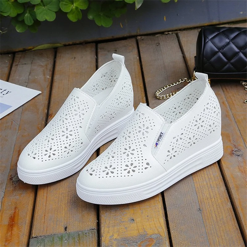 

New White Shoes Women Flat Platform Slip-on Sneakers Breathable Hollow Design Stylish Solid Female Height Increasing Footwear