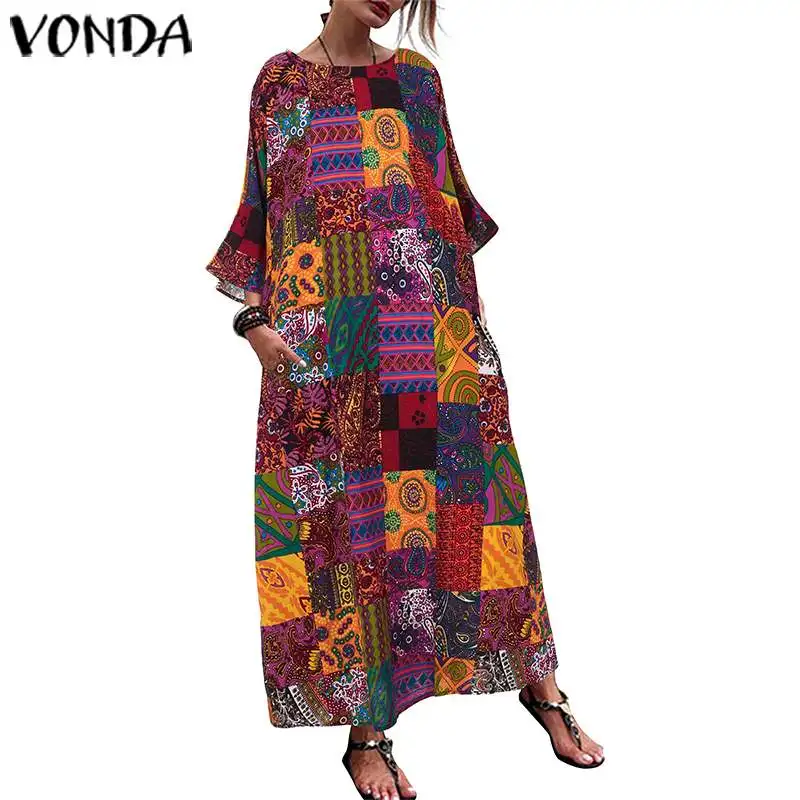 VONDA, женское осеннее платье с длинным рукавом, макси, длинное, вечерние, женское, свободное, богемное, сарафан, элегантное, vestidos robe Femme размера плюс