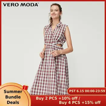 

Vero Moda Women's Summer Sundress Vintage Plaid Cotton Fabric Turn-down Collar Sleeveless Dress | 31917A505