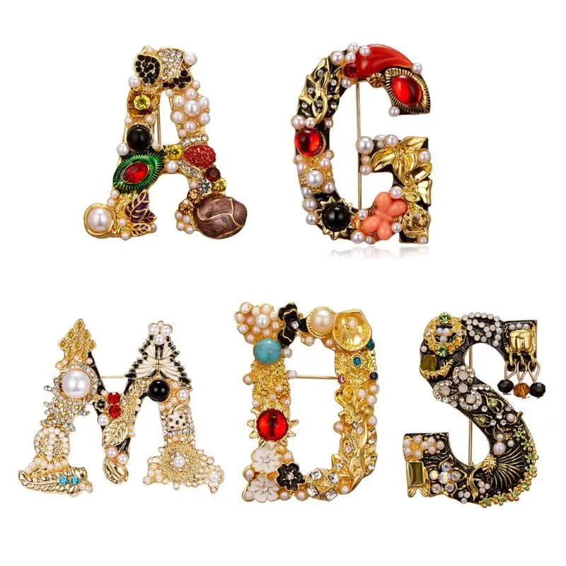 Letters Brooch Pearl Rhinestone Colorful Crystal Lapel Pin AliExpress