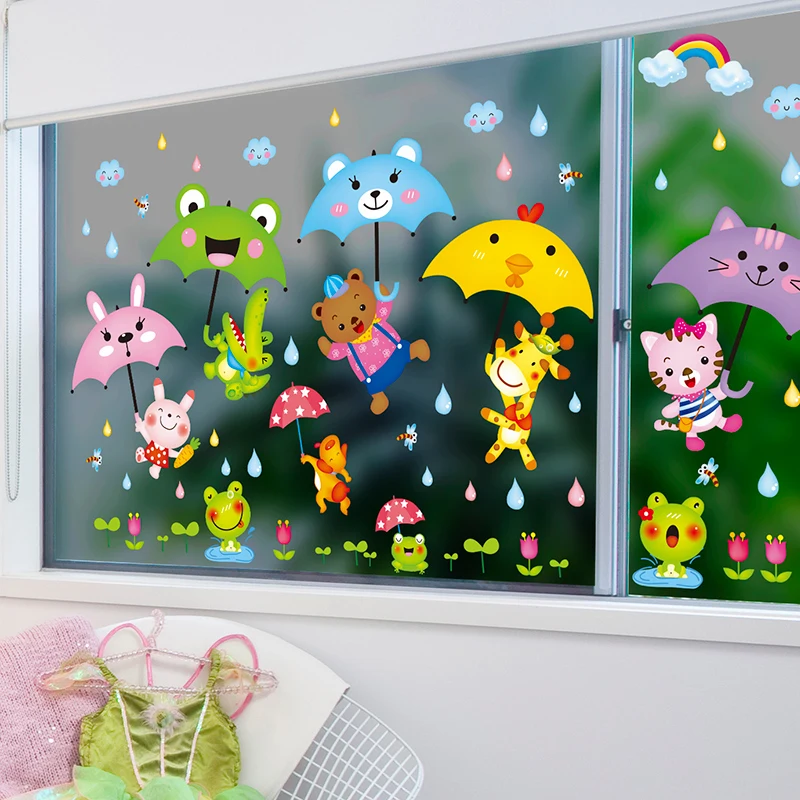 

[shijuekongjian] Cartoon Umbrellas Wall Stickers PVC DIY Animals Wall Decals for Kids Rooms Baby Bedroom Glass Decoration