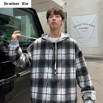 

Autumn New Hoodie Men Fashion Retro Casual Plaid Pullover Man Streetwear Wild Hip Hop Loose Sweatshirt Male Hoodies M-2XL