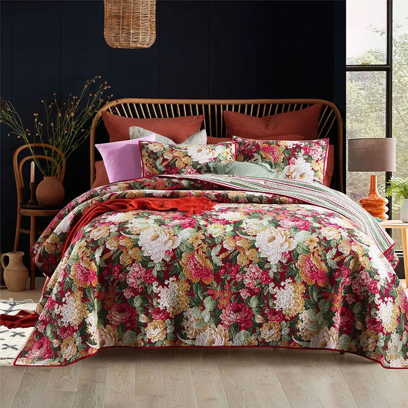 Quilted Bedspread Throw Shams Single Double King Patchwork Pink Red Floral 