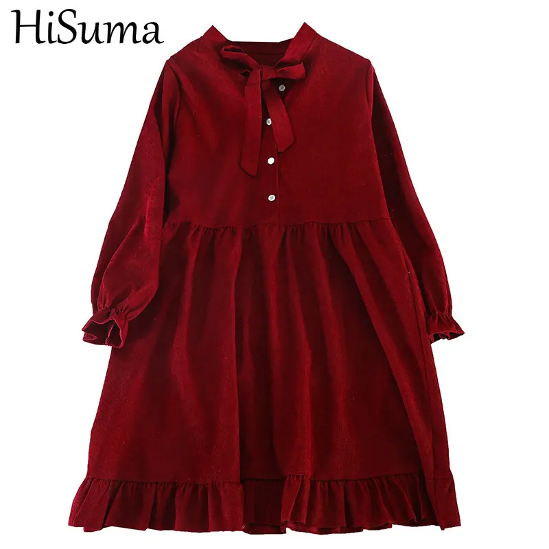 Women Autumn Winter Flare Sleeve Pleated Bandage Strap Ruffles Bow Dress Vintage A-line Slim Cardigan Button Pullover Midi | Женская