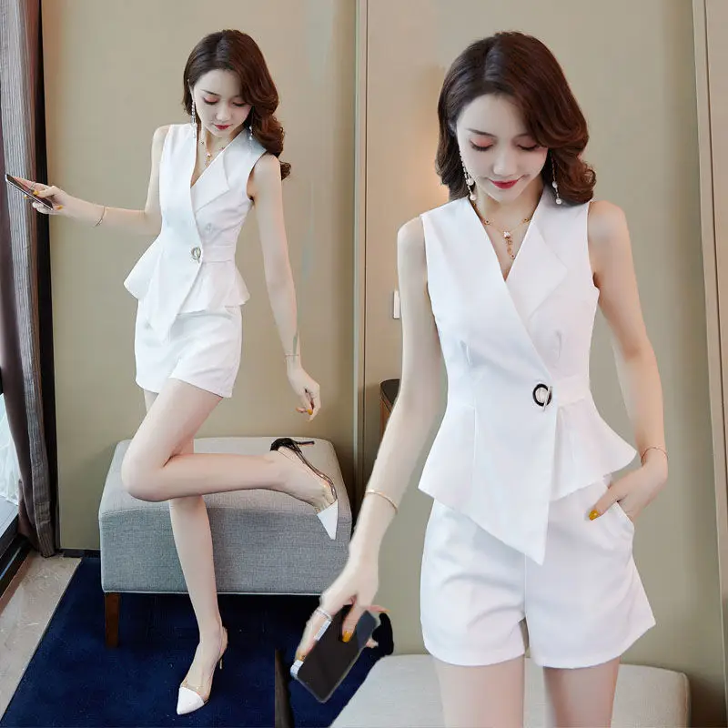 2021 Summer 2 Pieces Set for Women White Sleeveless Tops and Shorts Suits V-Neck Fashion Elegant Office Ladies Work Suit |