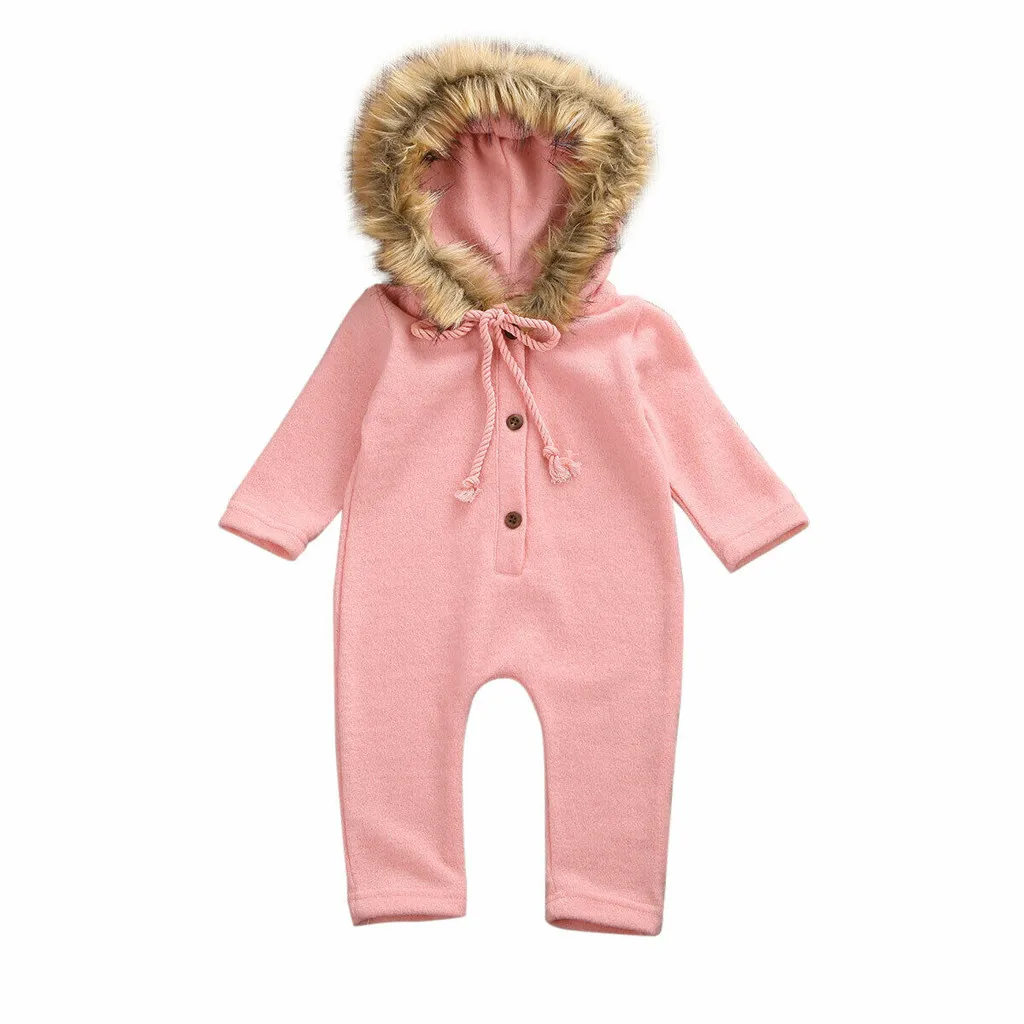Детский комбинезон, комбинезон для новорожденных, для мальчиков и девочек костюм зимняя одежда для малышей вязаный свитер с капюшоном для малышей теплый комбинезон с воротником из искусственного меха - Цвет: Pink