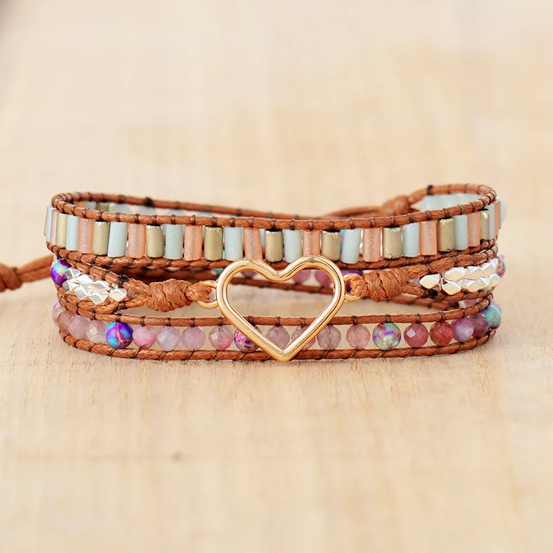 Heart Shape Wrap Bracelet W/ Stones Natural Tourmaline Crystal Weaving Statement Vegan Bracelet Bestfriend Sister Gifts