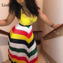 Liooil в цветную полоску; Длинная юбка со складками Женская Клубная одежда осень Мода большие качели Вечерние Длинное сексуальное с завышенной талией юбки для женщин