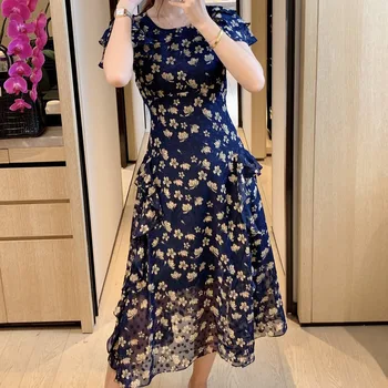

Runway Designer Bohemian Retro Print Ruffled Short Sleeve Elegant Temperament Slim Dress Women'S Clothing Spring And Summer