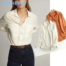 

Maxdutti england office lady simple pockets loose blusas mujer de moda 2021 blouse women kimono shirt womens tops and blouses