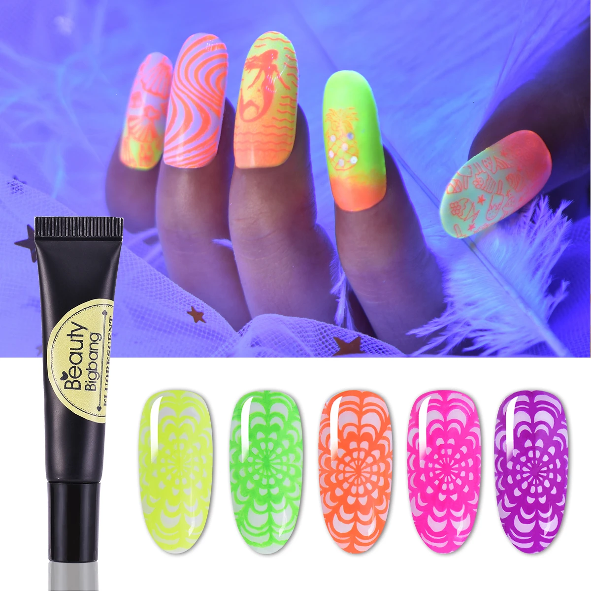 

Beautybigbang 8ml Fluorescent Neon Stamping Gel Polish Soak Off Colorful Varnish For UV Light Glow In The Dark Nail Art Poly Gel