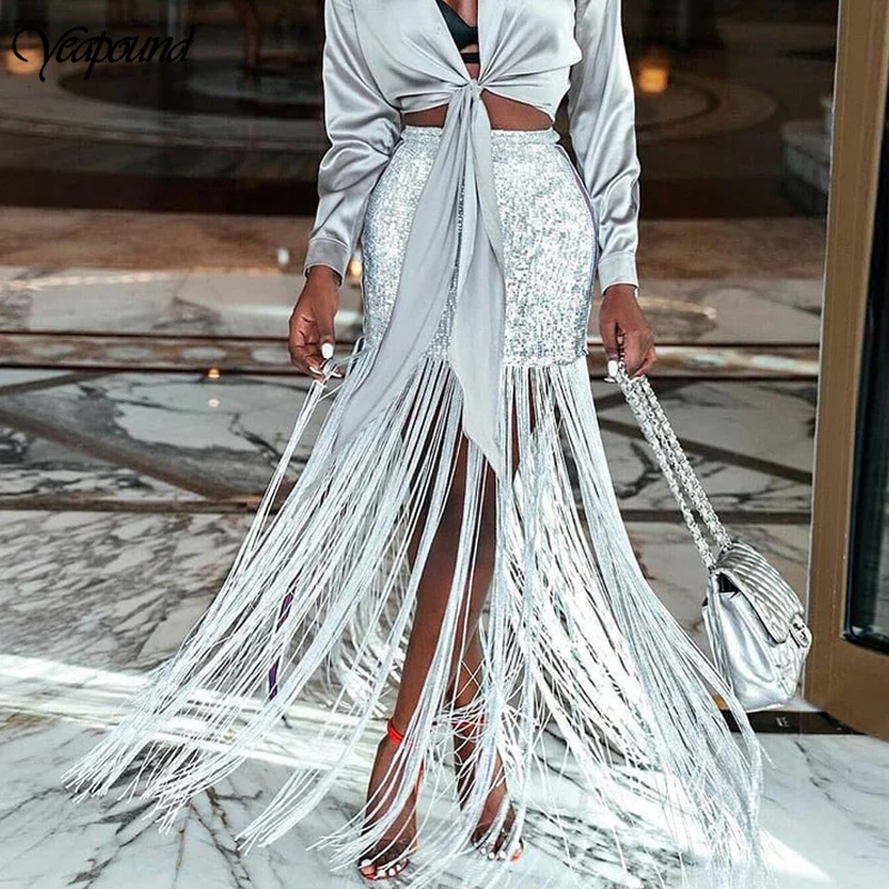 Sexy Women Sequin Tassel Skirts Ladies Sparkly Bandage High Waist Party Fringe Skirt Outfits Festival Clubwear