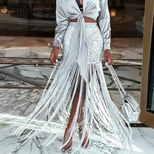 Sexy Women Sequin Tassel Skirts Ladies Sparkly Bandage High Waist Party Fringe Skirt Outfits Festival Clubwear