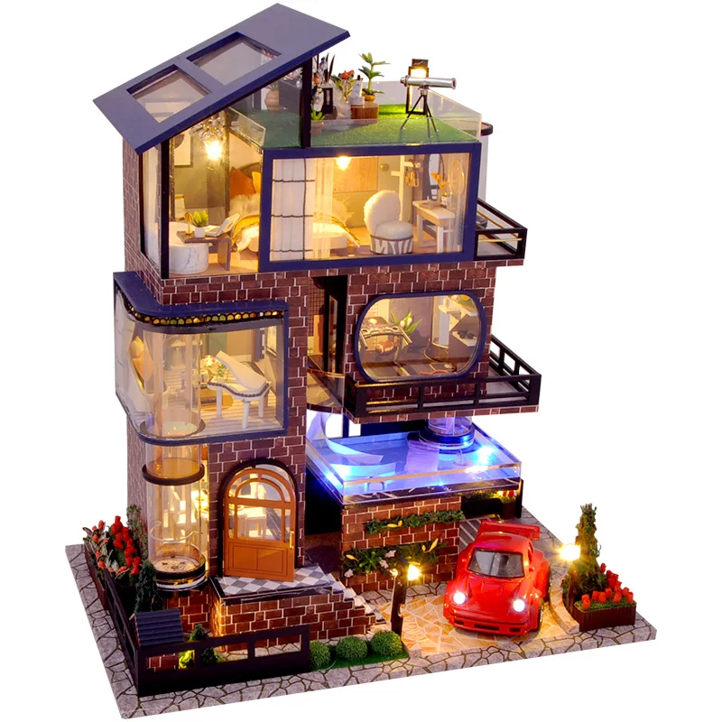 Wooden DIY Dollhouse With Dustcover Miniature Villa Apartment Assembling Decorative Dollhouse Toy for Children Home Decoration