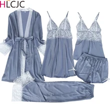 Сексуальный женский халат и платье, комплекты, кружевной Атласный халат+ ночная сорочка, 5 шт., комплект одежды для сна, ночная рубашка из искусственного шелка, женское белье