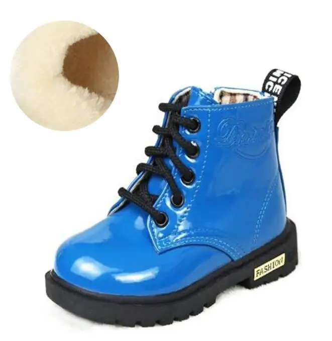 Новое поступление; детские зимние ботинки из искусственной кожи; водонепроницаемые ботинки martin; нескользящие теплые плюшевые зимние ботинки для мальчиков и девочек - Цвет: Blue-plush