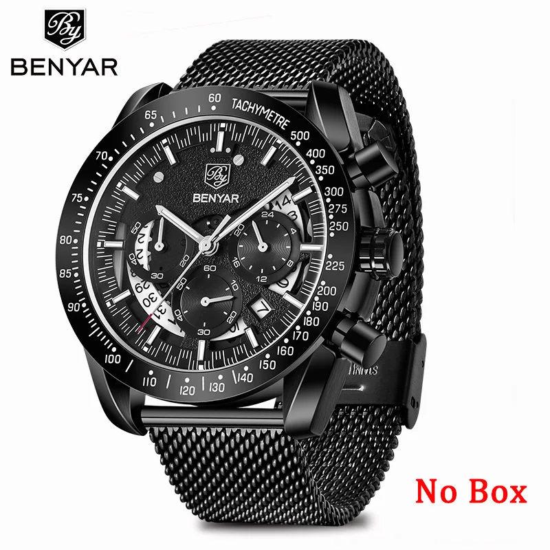 Black Silver No Box Новинка, мужские часы BENYAR, повседневные, с сетчатым ремешком, модные наручные часы для мужчин, s, Роскошные, кварцевые, с хронографом, водонепроницаемые часы, Relogio Masculino - Цвет: Black Silver No Box