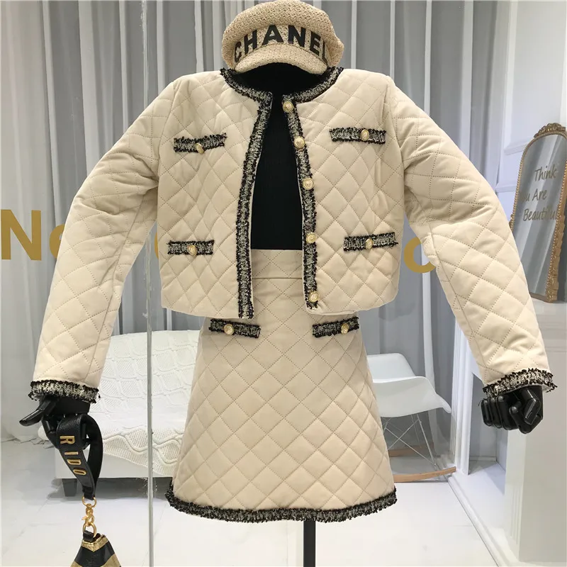 ALPHALMODA, зимняя женская куртка, юбка, 2 шт., модный костюм, в сетку, с подкладкой, короткая верхняя одежда, пальто+ трапециевидная юбка, Модный комплект
