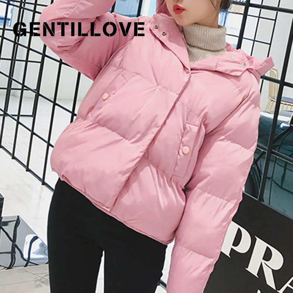 

Gentillove 2019 Korean Style Women Winter Fashion Warm Thick Solid Short Hoodied Coat Female Zipper Parkas Cotton Outwear Jacket