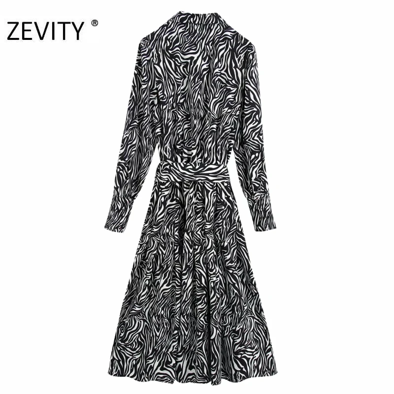 ZEVITY women vintage animal texture print casual slim shirt dress female long sleeve sashes a line vestido chic dresses DS4438